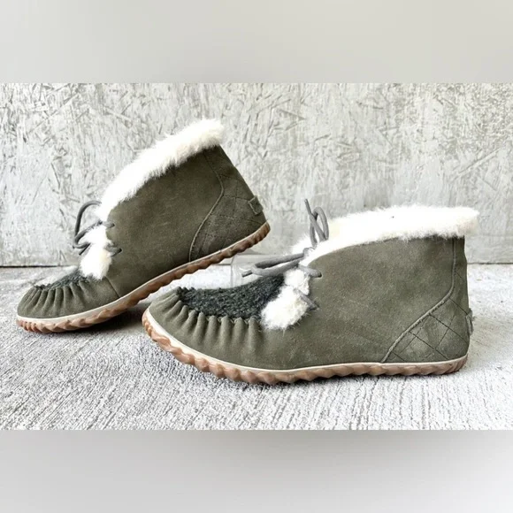 Sorel Out N About Moc Olive Green Suede & Fabric Shearling Lined Moccasin Sz 7 - Picture 13 of 13